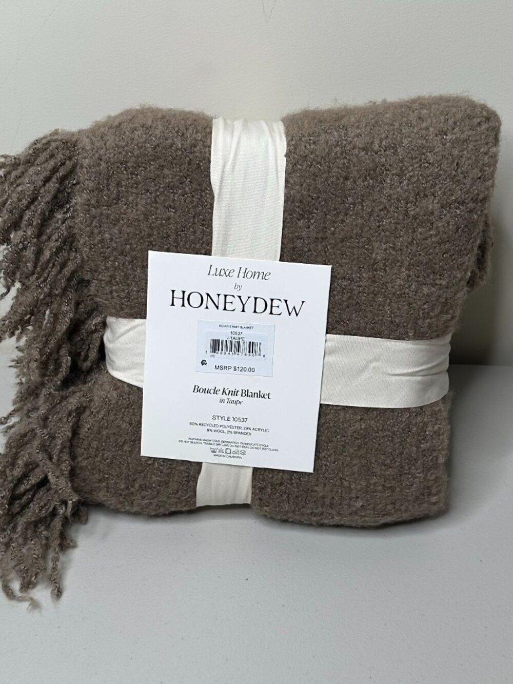 NWT Honeydew Luxe Home Taupe Boucle Knit Throw Blanket 50x60 Fringe